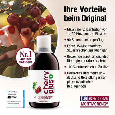 Sie sehen eine Packung Montmorency Sauerkirsch Konzentrat – hochkonzentriert – 1.450 Montmorency-Sauerkirschen pro Flasche, Produktbild: 04 Montmorency Sauerkirsch Konzentrat – hochkonzentriert – 1.450 Montmorency-Sauerkirschen pro Flasche, A-Nr.: 4753943 - 04