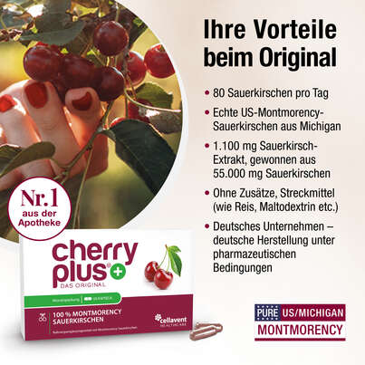 Sie sehen eine Packung Montmorency-Sauerkirsch Kapseln – hochdosierter Extrakt – 55.000 mg pro Tagesdosis, Produktbild: 03 Montmorency-Sauerkirsch Kapseln – hochdosierter Extrakt – 55.000 mg pro Tagesdosis, A-Nr.: 4753908 - 03