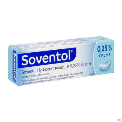 Sie sehen eine Packung Soventol Hydrocortisonacetat Creme 0,25% 20g, Produktbild: 03 Soventol Hydrocortisonacetat Creme 0,25% 20g, A-Nr.: 5518701 - 03
