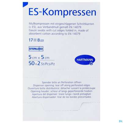 Mullkompressen-es Hartmann/steril 8fach 17faedig 5x 5cm 50x2 100st, A-Nr.: 5662438 - 01