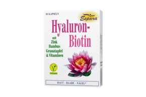 Sie sehen eine Packung Espara Hyaluron-Biotin Kapseln, Produktbild: 01 Espara Hyaluron-Biotin Kapseln, A-Nr.: 4039890 - 01