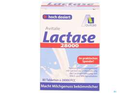 Sie sehen eine Packung Lactase Tabl 28.000 Fcc 80st, Produktbild: 01 Lactase Tabl 28.000 Fcc 80st, A-Nr.: 5296264 - 01