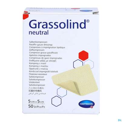 Sie sehen eine Packung Kompressen Grassolind Neutral Salbenkompresse Steril 5x 5cm 50st, Produktbild: 06 Kompressen Grassolind Neutral Salbenkompresse Steril 5x 5cm 50st, A-Nr.: 2368201 - 06