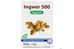 Sie sehen eine Packung Ingwer Kapseln 500mg 90st, Produktbild: 01 Ingwer Kapseln 500mg 90st, A-Nr.: 3996543 - 01