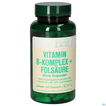 Sie sehen eine Packung Bios Vitamin B Komplex + Folsäure 100 Kapseln, Produktbild: 02 Bios Vitamin B Komplex + Folsäure 100 Kapseln, A-Nr.: 3893518 - 02