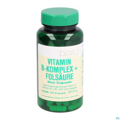 Sie sehen eine Packung Bios Vitamin B Komplex + Folsäure 100 Kapseln, Produktbild: 03 Bios Vitamin B Komplex + Folsäure 100 Kapseln, A-Nr.: 3893518 - 03