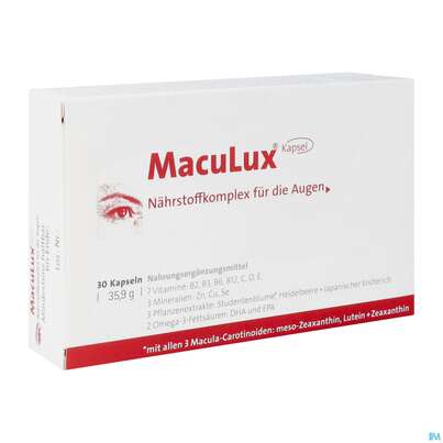 Sie sehen eine Packung Maculux Kapseln Monatspackung 30st, Produktbild: 02 Maculux Kapseln Monatspackung 30st, A-Nr.: 5373214 - 02