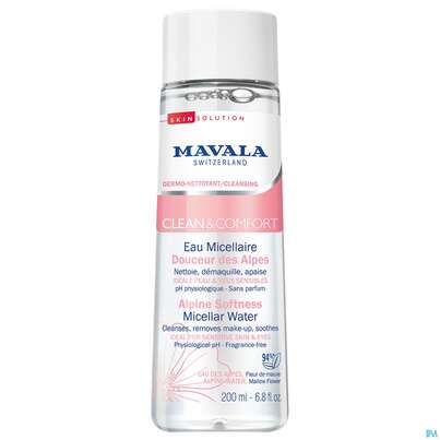 Sie sehen eine Packung Mavala Clean +comf Alpen Mizellenwasser 525.0 200ml, Produktbild: 03 Mavala Clean +comf Alpen Mizellenwasser 525.0 200ml, A-Nr.: 4910791 - 03