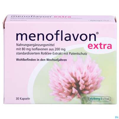 Sie sehen eine Packung Menoflavon Kapseln Extra -kyberg 30st, Produktbild: 01 Menoflavon Kapseln Extra -kyberg 30st, A-Nr.: 3407618 - 01