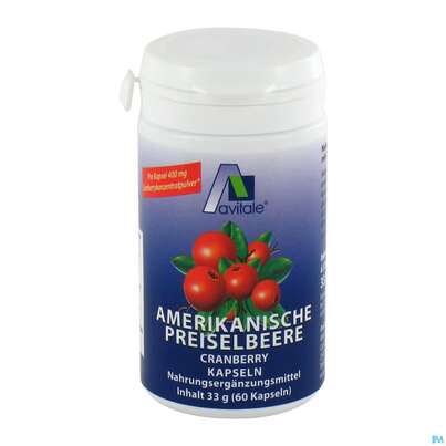 Sie sehen eine Packung Preiselbeer Kapseln Amer Avi 60st, Produktbild: 01 Preiselbeer Kapseln Amer Avi 60st, A-Nr.: 3831144 - 01