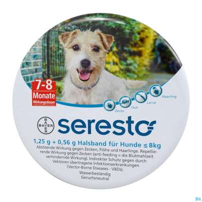 Sie sehen eine Packung Seresto Wirkstoffh.halsband F/hunde Kleiner Gleich 8kg 1,25g + 0,56g 1st, Produktbild: 02 Seresto Wirkstoffh.halsband F/hunde Kleiner Gleich 8kg 1,25g + 0,56g 1st, A-Nr.: 3907692 - 02