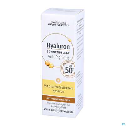 Sie sehen eine Packung Sonnenprodukte Hyaluron Sonnenpflege Gesicht Anti-pigment Anti-age F50+ 50ml, Produktbild: 04 Sonnenprodukte Hyaluron Sonnenpflege Gesicht Anti-pigment Anti-age F50+ 50ml, A-Nr.: 5074842 - 04