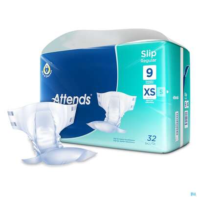 Sie sehen eine Packung Inkontinenz Attends Slip Regular Xs 9 32st, Produktbild: 03 Inkontinenz Attends Slip Regular Xs 9 32st, A-Nr.: 4519615 - 03