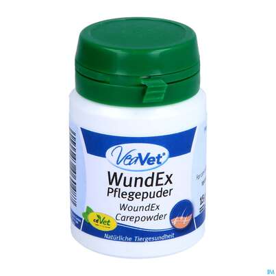 Sie sehen eine Packung Veterinaerprodukte Veavet Wundex Pflegepuder 15g, Produktbild: 01 Veterinaerprodukte Veavet Wundex Pflegepuder 15g, A-Nr.: 3933548 - 01