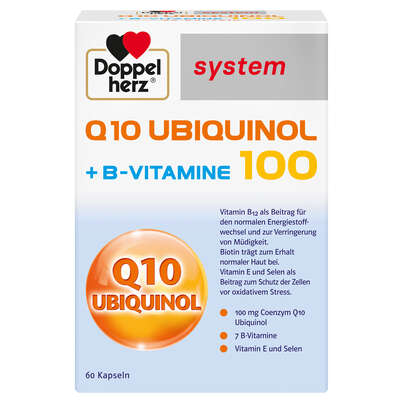 Sie sehen eine Packung Doppelherz system Q10 UBIQUINOL 100 + B-VITAMINE, Produktbild: 01 Doppelherz system Q10 UBIQUINOL 100 + B-VITAMINE, A-Nr.: 5677150 - 01