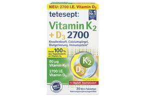 Sie sehen eine Packung Tetesept Vitamin K2 + D3 2700, Produktbild: 01 Tetesept Vitamin K2 + D3 2700, A-Nr.: 5934925 - 01