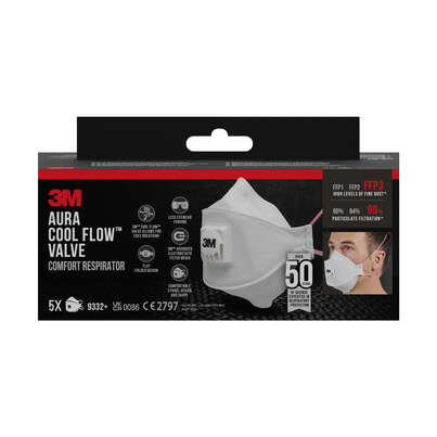 3M™ Aura™ Comfort Cool Flow™ Partikelmaske 9332+, FFP3, mit Ventil, 5er-Packung, A-Nr.: 5920188 - 01
