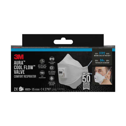3M™ Aura™ Maske für Hand- und Maschinenschleifen 9322+, FFP2, mit Ventil, 2 pro Packung, A-Nr.: 5646882 - 01