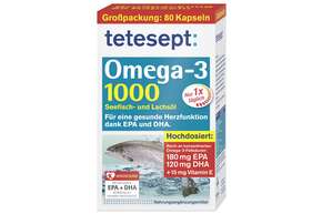 Sie sehen eine Packung tetesept Omega-3 Lachsöl 1000 80 St, Produktbild: 01 tetesept Omega-3 Lachsöl 1000 80 St, A-Nr.: 4057072 - 01
