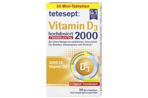 Sie sehen eine Packung tetesept Vitamin D3 2000 Fta 50St, Produktbild: 01 tetesept Vitamin D3 2000 Fta 50St, A-Nr.: 4775146 - 01