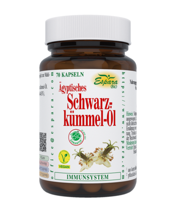 Sie sehen eine Packung Espara Schwarzkümmel-Öl Bio Kapseln, Produktbild: 01 Espara Schwarzkümmel-Öl Bio Kapseln, A-Nr.: 5461065 - 01