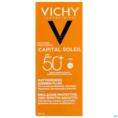 Sie sehen eine Packung Sonnenprodukte Vichy Ideal Soleil Fluid Lsf50 Dry 50ml, Produktbild: 08 Sonnenprodukte Vichy Ideal Soleil Fluid Lsf50 Dry 50ml, A-Nr.: 3950512 - 08