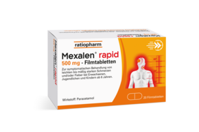 Sie sehen eine Packung Mexalen® rapid 500 mg Filmtabletten, Produktbild: 01 Mexalen® rapid 500 mg Filmtabletten, A-Nr.: 6052601 - 01
