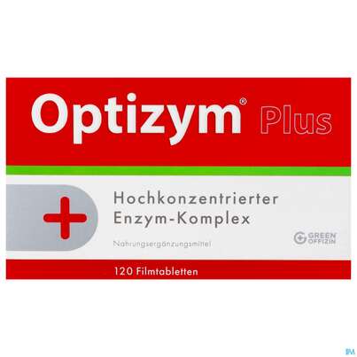 Sie sehen eine Packung Optizym Filmtabl Hochkonzentrierter Enzym Komplex 120st, Produktbild: 01 Optizym Filmtabl Hochkonzentrierter Enzym Komplex 120st, A-Nr.: 4828144 - 01