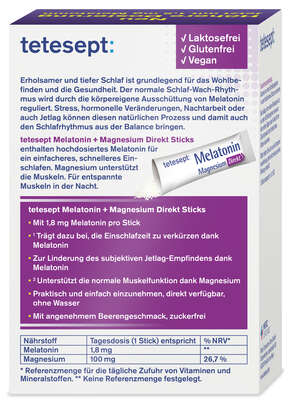 Sie sehen eine Packung TETESEPT Melatonin 1,8mg + Magnesium Direkt Sticks 20 St., Produktbild: 04 TETESEPT Melatonin 1,8mg + Magnesium Direkt Sticks 20 St., A-Nr.: 5709223 - 04