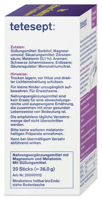 Sie sehen eine Packung TETESEPT Melatonin 1,8mg + Magnesium Direkt Sticks 20 St., Produktbild: 05 TETESEPT Melatonin 1,8mg + Magnesium Direkt Sticks 20 St., A-Nr.: 5709223 - 05