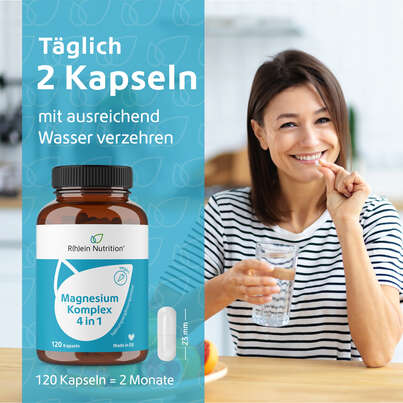 Sie sehen eine Packung R(h)ein Nutrition Magnesium Komplex 4 in 1 Kapseln hochdosiert vegan, Produktbild: 04 R(h)ein Nutrition Magnesium Komplex 4 in 1 Kapseln hochdosiert vegan, A-Nr.: 5987206 - 04