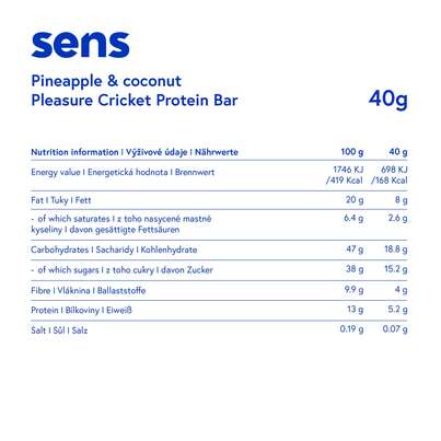 Sie sehen eine Packung SENS Pleasure Proteinriegel mit Grillenmehl - Ananas & Kokosnuss, Produktbild: 04 SENS Pleasure Proteinriegel mit Grillenmehl - Ananas & Kokosnuss, A-Nr.: 5948614 - 04