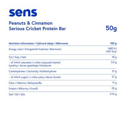 Sie sehen eine Packung SENS Serious Proteinriegel mit Grillenmehl - Erdnuss & Zimt, Produktbild: 04 SENS Serious Proteinriegel mit Grillenmehl - Erdnuss & Zimt, A-Nr.: 5948666 - 04