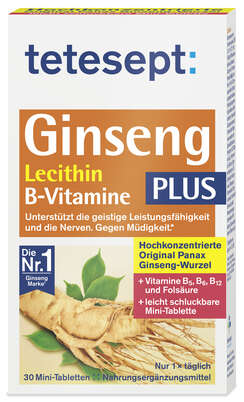 Sie sehen eine Packung tetesept Ginseng 330 plus Lecithin + B-Vit, Produktbild: 01 tetesept Ginseng 330 plus Lecithin + B-Vit, A-Nr.: 4449300 - 01