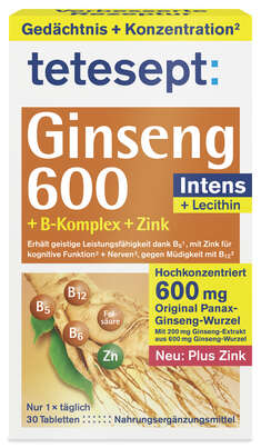Sie sehen eine Packung TETESEPT Ginseng 600 Intens Tabletten 30 Stk, Produktbild: 01 TETESEPT Ginseng 600 Intens Tabletten 30 Stk, A-Nr.: 5973227 - 01