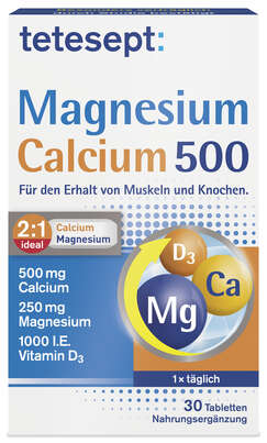 Sie sehen eine Packung tetsept Magnesium + Calcium 500 + D3, Produktbild: 01 tetsept Magnesium + Calcium 500 + D3, A-Nr.: 4249601 - 01