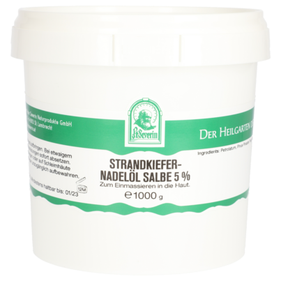 Sie sehen eine Packung STRANDKIEFERNADELÖL SALBE 5% 1000 G, Produktbild: 01 STRANDKIEFERNADELÖL SALBE 5% 1000 G, A-Nr.: 5802721 - 01