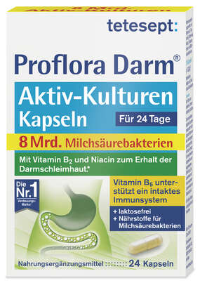 Sie sehen eine Packung tetesept Proflora Darm Milchsäurekulturen 8Mrd Kap 24 St., Produktbild: 01 tetesept Proflora Darm Milchsäurekulturen 8Mrd Kap 24 St., A-Nr.: 5849496 - 01