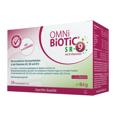 Sie sehen eine Packung OMNi-BiOTiC® SR-9 mit B-Vitaminen, Produktbild: 01 OMNi-BiOTiC® SR-9 mit B-Vitaminen, A-Nr.: 5983823 - 01