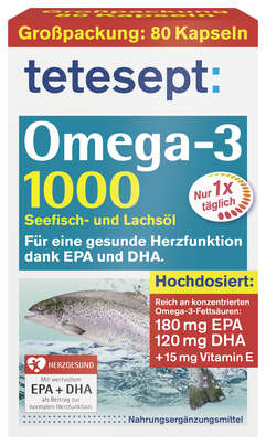 Sie sehen eine Packung TETESEPT Omega-3 1000 KAP 80ST, Produktbild: 01 TETESEPT Omega-3 1000 KAP 80ST, A-Nr.: 4057072 - 01