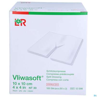 Sie sehen eine Packung Schlitzkompressen Vliwasoft 4fach Steril 10x 10cm 100st, Produktbild: 02 Schlitzkompressen Vliwasoft 4fach Steril 10x 10cm 100st, A-Nr.: 1518791 - 02