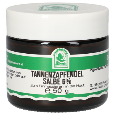 Sie sehen eine Packung TANNENZAPFENÖL SALBE 6% 50 G, Produktbild: 01 TANNENZAPFENÖL SALBE 6% 50 G, A-Nr.: 5358108 - 01