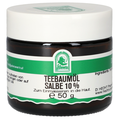 Sie sehen eine Packung TEEBAUMOEL SALBE 10% 50 G, Produktbild: 01 TEEBAUMOEL SALBE 10% 50 G, A-Nr.: 5304070 - 01