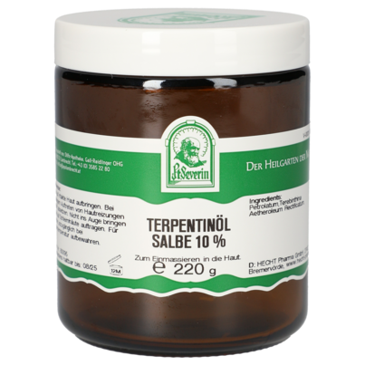 Sie sehen eine Packung TERPENTINOEL SALBE 10% 220 G, Produktbild: 01 TERPENTINOEL SALBE 10% 220 G, A-Nr.: 5340373 - 01