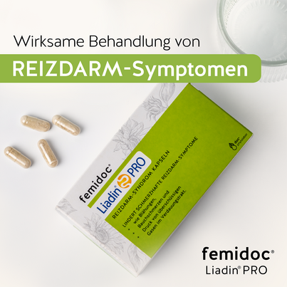 Sie sehen eine Packung femidoc® Liadin® PRO Reizdarm-Syndrom Kapseln, Produktbild: 02 femidoc® Liadin® PRO Reizdarm-Syndrom Kapseln, A-Nr.: 5841425 - 02