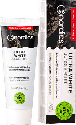 Sie sehen eine Packung Repair Zahnpasta Aktivkohle Ultra White Jungle Fruit Nordics, Produktbild: 01 Repair Zahnpasta Aktivkohle Ultra White Jungle Fruit Nordics, A-Nr.: 6009858 - 01