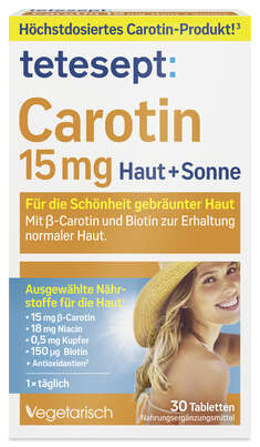 Sie sehen eine Packung tetesept Carotin 15mg Haut & Sonne Fta 30 Stk., Produktbild: 01 tetesept Carotin 15mg Haut & Sonne Fta 30 Stk., A-Nr.: 5179245 - 01