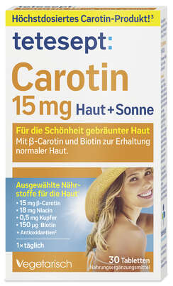 Sie sehen eine Packung tetesept Carotin 15mg Haut & Sonne Fta 30 Stk., Produktbild: 02 tetesept Carotin 15mg Haut & Sonne Fta 30 Stk., A-Nr.: 5179245 - 02