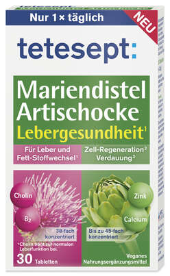 Sie sehen eine Packung tetesept Mariendistel Artischocke 30 St, Produktbild: 01 tetesept Mariendistel Artischocke 30 St, A-Nr.: 6009686 - 01