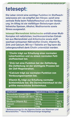 Sie sehen eine Packung tetesept Mariendistel Artischocke 30 St, Produktbild: 03 tetesept Mariendistel Artischocke 30 St, A-Nr.: 6009686 - 03